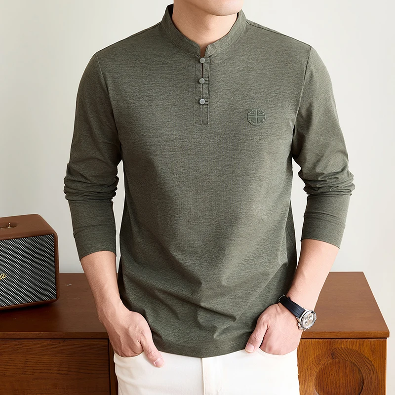 Embellish Knit - Kaos Lengan Panjang Kerah Mandarin Pria,