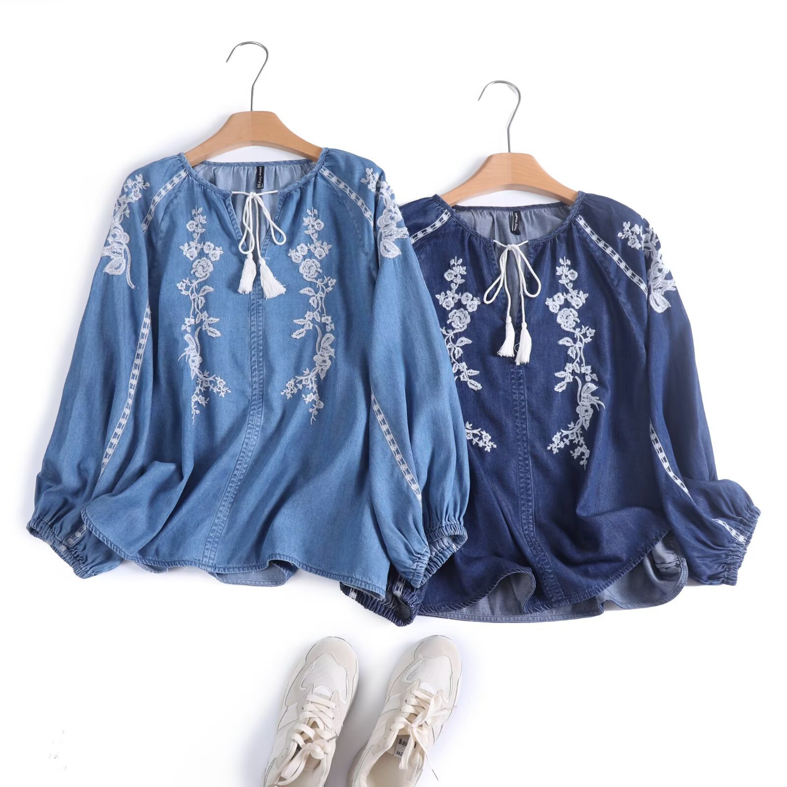 Blus Denim Wanita Atasan Kemej - Tassel Fringe Trim ulasan dan harga